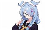  1girl august_bordeaux black_sailor_collar blue_eyes blue_hair blue_wings braid elira_pendora glasses hair_ornament hair_over_one_eye head_wings long_hair nijisanji nijisanji_en one_eye_covered persona persona_4 round_eyewear sailor_collar school_uniform serafuku smile solo twin_braids virtual_youtuber white_hair wings x_hair_ornament yasogami_school_uniform 