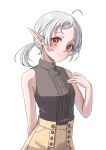  1girl absurdres ahoge brown_pants closed_mouth commentary_request elf highres looking_at_viewer medium_hair mushoku_tensei pants pointy_ears ponytail red_eyes shirt simple_background sleeveless sleeveless_shirt smile solo syagare sylphiette_(mushoku_tensei) white_background white_hair 
