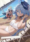  2girls absurdres ahoge beach beach_chair bikini blue_eyes blue_hair blush choker furina_(genshin_impact) genshin_impact higashiwun_izumi highres looking_at_viewer multiple_girls navel paimon_(genshin_impact) sitting smile sunglasses swimsuit white_bikini white_hair 