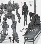  2boys 621_(armored_core_6) absurdres armored_core armored_core_6 ayre_(armored_core_6) bench cane cellphone handler_walter highres interface_headset looking_at_another mecha multiple_boys nslacka phone pilot_suit robot science_fiction sitting smartphone standing 