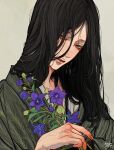  1boy absurdres bellflower black_eyes black_hair chinese_bellflower closed_mouth flower green_kimono grey_background hair_over_one_eye highres holding holding_flower japanese_clothes kagoya1219 kimono long_hair looking_at_viewer male_focus original purple_flower signature simple_background solo upper_body 