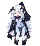  1girl bodysuit breasts chibi coat covered_navel full_body girls_frontline grey_eyes hair_between_eyes headgear hexaa highres long_hair medium_breasts open_mouth paradeus solo tareus_(girls&#039;_frontline) very_long_hair wavy_hair white_hair 