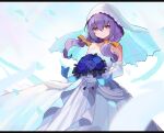  1girl atsuko_(blue_archive) blue_archive blue_flower bouquet breasts closed_mouth dress falken_(yutozin) flower highres holding holding_bouquet letterboxed medium_breasts purple_hair red_eyes smile solo two_side_up wedding_dress white_background 
