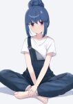  1girl barefoot blue_hair blue_overalls crossed_legs denim dot_mouth dot_nose expressionless feet full_body hair_bun hand_on_floor hand_on_own_foot highres loose_clothes nekosination overalls shima_rin shirt single_hair_bun sitting solo toenails toes violet_eyes white_background white_shirt yurucamp 