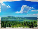  blue_sky clouds cloudy_sky forest grass horizon mountain mountainous_horizon nature no_humans original painting_(medium) photo_(medium) pine_tree scenery sky tetsugbl14 traditional_media tree 