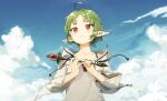  1girl absurdres ahoge blue_sky closed_mouth clouds day elf green_hair highres holding holding_wand hood hooded_jacket jacket mushoku_tensei outdoors pointy_ears red_eyes shirt short_hair sky smile solo sylphiette_(mushoku_tensei) wand white_jacket white_shirt yuyin_(uzrv7533) 