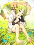  1girl absurdres ahoge barefoot black_shorts closed_mouth day elf green_hair highres holding holding_umbrella hood hooded_jacket humany jacket looking_at_viewer mushoku_tensei on_grass outdoors pointy_ears red_eyes short_hair shorts sitting smile solo sylphiette_(mushoku_tensei) umbrella white_jacket 