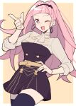  1girl ascot black_thighhighs blunt_bangs breasts do_m_kaeru earrings fire_emblem fire_emblem:_three_houses garreg_mach_monastery_uniform hand_on_own_hip hilda_valentine_goneril hoop_earrings jewelry long_hair looking_at_viewer medium_breasts official_alternate_hairstyle one_eye_closed open_mouth pink_eyes pink_hair smile solo thigh-highs zettai_ryouiki 