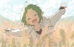  1girl ahoge closed_eyes clouds cloudy_sky day green_hair highres hood hooded_jacket jacket mushoku_tensei open_mouth outdoors outstretched_arms shirt short_hair sky solo sylphiette_(mushoku_tensei) takeda_(kanaria09) wheat_field white_jacket white_shirt 