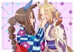  2girls admire_vega_(umamusume) agepan._(pangcha3324) animal_ears blonde_hair blue_kimono blush brown_hair ear_covers floral_print food from_side hair_ornament hair_scrunchie highres holding holding_food horse_ears horse_girl japanese_clothes kimono morning_glory_print multiple_girls narita_top_road_(umamusume) obi one_eye_closed purple_robe purple_scrunchie red_robe robe sash scrunchie short_hair sidelocks single_ear_cover umamusume umamusume:_road_to_the_top upper_body violet_eyes wide_sleeves wiping_face 