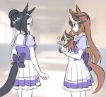  2girls animal_ears black_hair blue_shirt blurry blurry_background braid brown_hair character_doll depth_of_field doll hair_bun holding holding_doll horse_ears horse_girl horse_tail indoors long_hair mauve mejiro_ramonu_(umamusume) multicolored_hair multiple_girls pleated_skirt profile puffy_short_sleeves puffy_sleeves shirt short_sleeves skirt streaked_hair symboli_rudolf_(umamusume) tail tail_through_clothes two-tone_hair umamusume very_long_hair white_hair white_skirt 