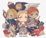  3boys 3girls ambrosia_(dungeon_meshi) animal_ears armor beard bedroll belt black_eyes black_hair black_tail blonde_hair book braid brown_belt cat_ears cat_girl cat_tail chibi chilchuck closed_eyes closed_mouth coin cooking_pot copyright_name crab_claw dungeon_meshi dwarf egg_(food) elf facial_hair fake_horns falin_thorden food green_eyes halfling hat helmet holding holding_staff horned_helmet horns izutsumi ladle laios_thorden lockpick mandrake marcille meat multiple_boys multiple_girls mushroom mustache open_mouth orange_hair pointy_ears senpuuki_(lince0713) senshi_(dungeon_meshi) smile spatula staff sweatdrop tail tongue tongue_out yellow_eyes 