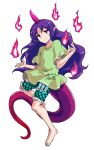  1girl alphes_(style) barefoot closed_mouth clothes_writing dairi fire full_body green_shirt green_shorts horns long_hair parody purple_hair purple_horns red_eyes shirt short_sleeves shorts single_horn smile solo style_parody tachi-e tail tenkajin_chiyari touhou transparent_background 