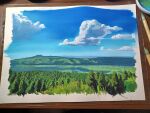  blue_sky clouds cloudy_sky forest highres horizon mountain mountainous_horizon nature no_humans original painting_(medium) photo_(medium) pine_tree scenery sky tetsugbl14 traditional_media tree 