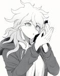 1boy 1girl :o breasts carrying carrying_person danganronpa_(series) danganronpa_2:_goodbye_despair genderswap genderswap_(mtf) greyscale hair_between_eyes hands_up highres hinata_hajime hood hood_down hooded_jacket jacket keroro7 komaeda_nagito long_hair long_sleeves looking_at_another medium_breasts messy_hair mini_person miniboy monochrome multicolored_hair two-tone_hair