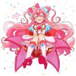  1girl back_bow bow brooch closed_eyes cone_hair_bun cure_precious delicious_party_precure earrings hair_bun happy_birthday heart heart_brooch highres jewelry long_hair magical_girl nagomi_yui pink_hair precure red_bow smile solo two_side_up very_long_hair white_footwear yufu_kyouko 