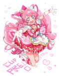  1girl absurdres apron bow brooch character_name cone_hair_bun cure_precious delicious_party_precure earrings gloves hair_bow hair_bun heart heart_brooch highres jewelry long_hair looking_at_viewer magical_girl nagomi_yui open_mouth pink_bow pink_hair precure prewotamaru two_side_up violet_eyes white_apron white_gloves 