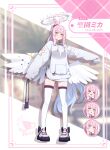  1girl angel_wings bag blue_archive blush daran9 dolphin_shorts feathered_wings full_body halo handbag highres hood hoodie long_hair looking_at_viewer low_wings mika_(blue_archive) oversized_clothes pink_hair ponytail scrunchie shorts sleeves_past_fingers sleeves_past_wrists smile solo thigh-highs white_hoodie white_sneakers white_thighhighs white_wings wings yellow_eyes 