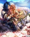  1boy 1girl absurdres alcryst_(fire_emblem) ayuuniiart blonde_hair blue_hair butterfly_hair_ornament celine_(fire_emblem) closed_eyes closed_mouth couple crown dress fire_emblem fire_emblem_engage frilled_dress frills hair_ornament hairclip highres kiss kissing_forehead long_hair long_sleeves ribbon short_hair 