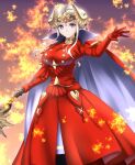  1girl arm_up axe blue_eyes breasts cape crown dress edelgard_von_hresvelg fake_horns fire_emblem fire_emblem:_three_houses holding holding_axe horns kakiko210 large_breasts looking_at_viewer red_cape red_dress sidelocks solo white_background 