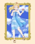  1girl blonde_hair blue_dress blue_eyes clouds dress feet final_fantasy final_fantasy_v food full_body hair_ornament highres jewelry krile_mayer_baldesion_(ff5) long_hair nail_polish necklace open_mouth picture_frame ponytail solo tachibana_mayura toes 