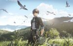  1boy bird black_gloves black_hair black_jacket black_pants clouds cropped_jacket gloves grass grey_shirt jacket jewelry landscape leaf male_rover_(wuthering_waves) mountainous_horizon necklace outdoors pants pouch scenery shirt short_hair sky standing sword tassel tree turtleneck weapon wisda wuthering_waves yellow_eyes 