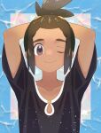  1boy ;) arms_behind_head black_shirt brown_hair closed_mouth collarbone commentary_request grey_eyes happy hau_(pokemon) highres kana_(kanna_runa0620) looking_at_viewer male_focus one_eye_closed pokemon pokemon_(game) pokemon_sm shirt short_hair short_ponytail short_sleeves smile solo upper_body 