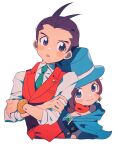  1boy 1girl :o ace_attorney antenna_hair apollo_justice blue_cape blue_hair blush_stickers bracelet brother_and_sister brown_eyes brown_hair cape collared_shirt cropped_torso crossed_arms dot_nose earrings forked_eyebrows gem green_gemstone green_necktie grey_eyes grgrton half-siblings hat jewelry lapel_pin lapels looking_at_viewer necktie parted_lips red_scarf red_vest scarf shirt short_hair siblings simple_background sleeves_rolled_up smile top_hat trucy_wright upper_body vest white_background white_shirt 