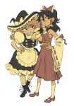  2girls apron armpit_peek ascot black_footwear black_hair black_headwear black_skirt black_vest blonde_hair bow closed_mouth flandrepudding frilled_apron frilled_bow frilled_hair_tubes frilled_skirt frills full_body hair_between_eyes hair_bow hair_tubes hakurei_reimu hat hat_bow hat_ribbon highres kirisame_marisa leaning_on_person looking_at_viewer mary_janes medium_hair multiple_girls open_mouth puffy_short_sleeves puffy_sleeves red_bow red_footwear red_ribbon red_shirt red_skirt ribbon ribbon-trimmed_sleeves ribbon_trim shirt shoes short_sleeves simple_background skirt sleeveless sleeveless_shirt socks teeth touhou vest waist_apron white_apron white_background white_bow white_ribbon white_shirt white_socks wide_sleeves witch_hat yellow_ascot 