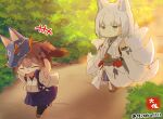  +++ 2girls animal_ears artist_name azur_lane blue_eyes blue_hakama blush brown_hair chibi closed_eyes commentary crossover detached_sleeves fox_ears fox_tail hair_between_eyes hakama hakama_short_skirt hakama_skirt historical_name_connection japanese_clothes kaga_(battleship)_(azur_lane) kaga_(kancolle) kantai_collection makeup mask mask_on_head multiple_girls name_connection open_mouth pleated_skirt revision short_hair side_ponytail skirt tail taisa_(kari) tasuki thigh-highs twitter_username white_hair 