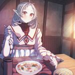  1girl bowl closed_mouth dress elf food highres holding holding_spoon indoors kiyo_(a_sam_ko) looking_at_viewer medium_hair mushoku_tensei pointy_ears red_eyes smile solo soup spoon sylphiette_(mushoku_tensei) white_dress white_hair 