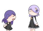  2girls aged_down angry bangs black_skirt black_sleeves black_uniform chibi closed_mouth cool_violet_976 cowboy_shot dark_purple_hair flat_chest kiruko_hisoki light_purple_hair lily_(gacha_life_oc) long_hair long_sleeves no_ears open_mouth original pale_skin ponytail purple_hair round_head school_uniform shaded_face short_hair siblings simple_background sisters toon_(style) touhou twintails uniform v-shaped_eyebrows white_background white_eyes white_sleeves 