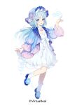 1girl :o absurdres animal_on_hand ankle_socks blue_eyes blue_footwear blue_hair blue_headwear blue_jacket blue_nails blue_ribbon bonnet bright_pupils copyright copyright_name detached_collar dress empire_waist flat_chest flower full_body garu_(vtuber) gradient_jacket hair_flower hair_ornament hair_ribbon hair_scrunchie hand_up hat highres index_finger_raised jacket jellyfish jewelry leg_up long_hair long_sleeves looking_to_the_side low_ponytail medium_dress mob_cap necklace nijisanji official_art puffy_long_sleeves puffy_sleeves purple_jacket ribbon scrunchie shell_necklace socks solo standing standing_on_one_leg tachi-e virtual_youtuber virtuareal white_background white_dress white_flower white_pupils white_scrunchie white_socks