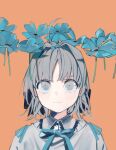  1girl absurdres blue_ribbon collared_shirt flower grey_eyes grey_hair grey_shirt highres leadin_the_sky orange_background original ribbon shirt short_hair solo upper_body 