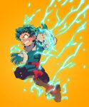  1boy absurdres bodysuit boku_no_hero_academia commentary electricity english_commentary freckles gloves green_eyes green_hair highres lougouvea male_focus midoriya_izuku orange_background short_hair simple_background solo spiky_hair teeth white_gloves 