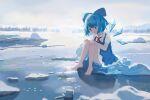 1girl barefoot blue_bow blue_dress blue_eyes blue_hair bow cirno cirno_day closed_mouth collared_shirt detached_wings dress fairy hair_bow highres ice ice_wings pinafore_dress shirt short_hair short_sleeves sleeveless sleeveless_dress solo touhou uroam white_shirt wings 