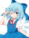 1girl blue_bow blue_dress blue_eyes blue_hair blush bow cirno cirno_day closed_mouth collared_shirt detached_wings dress fairy food hair_between_eyes hair_bow highres holding holding_food ice ice_cream ice_wings kokoshira_0510 one_eye_closed pinafore_dress puffy_short_sleeves puffy_sleeves shirt short_hair short_sleeves simple_background sleeveless sleeveless_dress smile solo sparkle tongue tongue_out touhou upper_body white_background white_shirt wings 