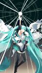  1girl absurdly_long_hair absurdres ahoge aqua_eyes aqua_hair aqua_necktie arm_up armpits boots detached_sleeves dress floating floating_hair frilled_skirt frills hair_between_eyes hair_ornament hatsune_miku headset highres keika_(otsukare) layered_dress long_hair necktie parted_lips see-through see-through_sleeves skirt solo star_(sky) thigh_boots twintails very_long_hair vocaloid white_dress zettai_ryouiki 