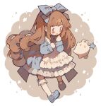 1girl alice_(alice_in_wonderland) alice_(alice_in_wonderland)_(cosplay) alice_in_wonderland animal_ears apron artist_self-insert back_bow blue_bow blue_dress blue_footwear blush blush_stickers border bow bow_legwear brown_background brown_eyes brown_hair chibi clenched_hand clip_studio_paint_(medium) cosplay dress english_commentary eyelashes frilled_apron frilled_dress frilled_socks frills hair_bow holding holding_star kneehighs littlebluemuffin long_hair long_sleeves mary_janes open_mouth original painttool_sai_(medium) rabbit rabbit_ears rabbit_tail shoes short_dress socks solid_oval_eyes sparkle star_(symbol) tail very_long_hair white_apron white_border white_bow white_socks 