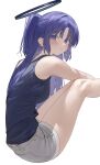  1girl blue_archive blue_tank_top blush breasts halo highres long_hair looking_at_viewer looking_to_the_side mechanical_halo mu_mumu parted_bangs purple_hair shorts simple_background solo tank_top thighs violet_eyes white_background yuuka_(blue_archive) 