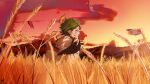  1girl absurdres clouds elf evening from_side gradient_sky green_hair highres hood hooded_jacket jacket mushoku_tensei outdoors outstretched_arms pointy_ears ppchen red_eyes short_hair sky solo sylphiette_(mushoku_tensei) wheat_field white_jacket 
