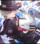  1boy black_capelet black_corset black_gloves black_headwear black_shorts blonde_hair blue_flower blue_petals blue_rose capelet card corset falling_petals finger_to_mouth flower genshin_impact gloves grey_eyes hat lyney_(genshin_impact) male_focus parted_lips petals playing_card rose satorigame short_hair shorts shushing smile solo top_hat white_background 