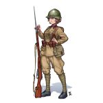  1girl absurdres ammunition_pouch bayonet belt blush bolt_action brown_hair closed_mouth collar_tabs full_body gun gun_sling helmet highres holding holding_weapon leg_wrap long_sleeves military military_rank_insignia military_uniform mosin-nagant original ostwindprojekt pants pouch puttee rifle short_hair simple_background smile soldier solo soviet soviet_army standing uniform weapon white_background world_war_ii 