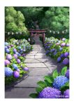  blue_flower border day floor_tiles flower highres hydrangea lantern no_humans original outdoors outside_border path plant purple_flower scenery shadow stairs stone_stairs sunlight sunrise_arte torii tree tree_shade white_border 