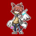  1girl agnes_tachyon_(umamusume) ahoge animal_ears black_pantyhose brown_eyes brown_hair closed_mouth collared_shirt erlenmeyer_flask flask full_body highres holding holding_flask horse_ears horse_girl horse_tail lab_coat looking_at_viewer necktie outline pantyhose pixel_art red_background round-bottom_flask shirt shoes short_hair short_necktie sleeves_past_fingers sleeves_past_wrists smile solo standing sweater tail test_tube umamusume white_footwear white_outline yellow_sweater zaidantrainer 