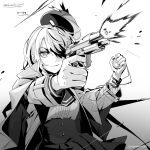  1girl crow_(aaaaaaa068345) deerstalker firing greyscale gun hair_ornament handgun hat highres hololive hololive_english monochrome monocle_hair_ornament necktie pocket_watch shirt short_hair solo twitter_username virtual_youtuber watch watson_amelia weapon 