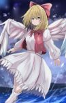  1girl absurdres angel_wings blonde_hair bow closed_mouth commentary daru_(kumakumadon) gengetsu_(touhou) hair_bow highres long_sleeves looking_at_viewer red_bow shirt short_hair skirt solo touhou touhou_(pc-98) white_shirt white_skirt white_wings wings yellow_eyes 