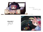  1girl :d animal_ears balladeluce blue_eyes blush bow braid brown_hair car car_interior character_name chibi driving french_flag hair_bow hat highres holding horse_ears horse_girl horse_tail le_mans_prototype low_twintails mini_hat motor_vehicle open_mouth peugeot peugeot_905 race_vehicle racecar red_bow sailor_hat short_hair short_twintails smile steering_wheel tail twintails umamusume vehicle_focus vehicle_name venus_park_(umamusume) white_headwear 