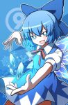  1girl blue_bow blue_dress blue_eyes blue_hair blush bow cirno cirno_day collared_shirt dress fairy hair_between_eyes hair_bow hoshii_1213 ice ice_wings open_mouth pinafore_dress puffy_short_sleeves puffy_sleeves shirt short_hair short_sleeves sleeveless sleeveless_dress smile solo touhou white_shirt wings 