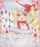  1girl alternate_costume artist_name blonde_hair bow bow_choker choker clothes_lift colored_inner_hair crystal_wings dated dress dress_lift fang flandre_scarlet frilled_hat frills gradient_background hat hat_bow highres looking_at_viewer mdn_tsugumi medium_hair multicolored_hair off-shoulder_dress off_shoulder one_side_up open_mouth pink_background pointy_ears red_bow red_eyes red_nails shikishi skin_fang solo sparkle sun_hat touhou traditional_media twitter_username white_dress wrist_cuffs 